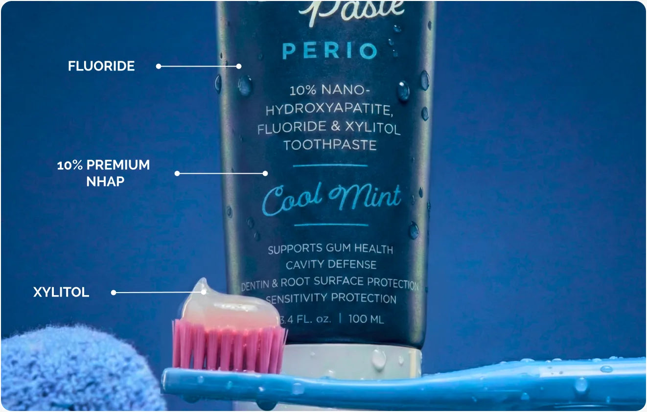 Super Paste Perio tube labelled with its three key ingredients: fluoride, 10% premium nHAp and xylitol