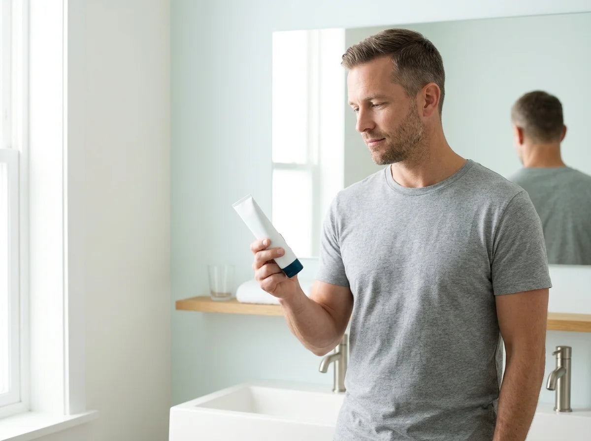 Brushing at a bathroom sink with a Dr. Jen tube